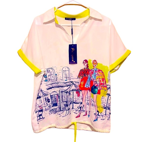 Pelageia Tops - L Women Graphic Tshirt Casual Short Sleeve Loose Ties at Hem Summer Streetwear